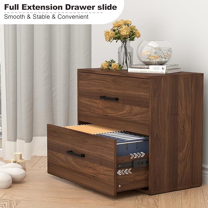 FATIGOS 2 Drawer File Cabinet, Wood Lateral Filing Cabinets, Wide Office File Cabinet with Drawer for Hanging Files/Letter Size Printer Stand for Home Office School, Assembly Required, Walnut