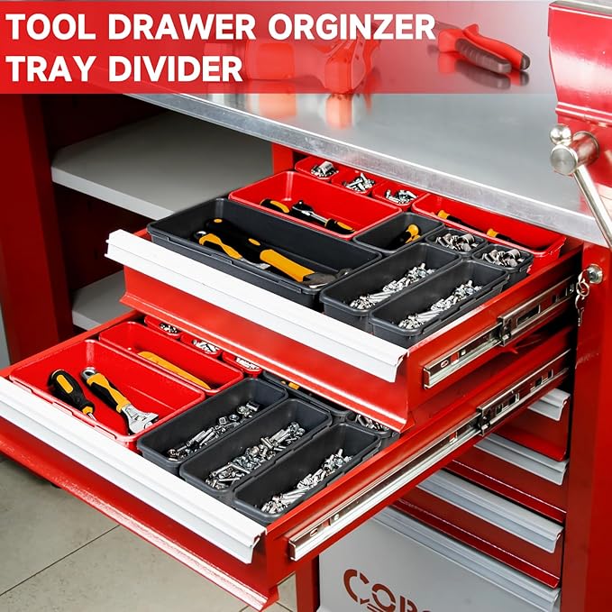 FLYVOLE Tool Box Organizer Tray, Toolbox Desk Drawer Organizer, Tool Box Tray, Toolbox Organization Storage for Rolling Tool Chest (60PCS (Black+Red))