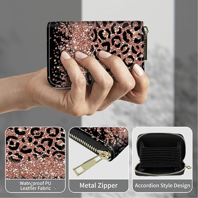 BWEGRHE Cute Credit Card Holder with Zipper, Leopard Glitter RFID-Blocking Card Case Small Wallet for Women Men, Multi-slot Card Organizer Case Travel Accordion Wallet