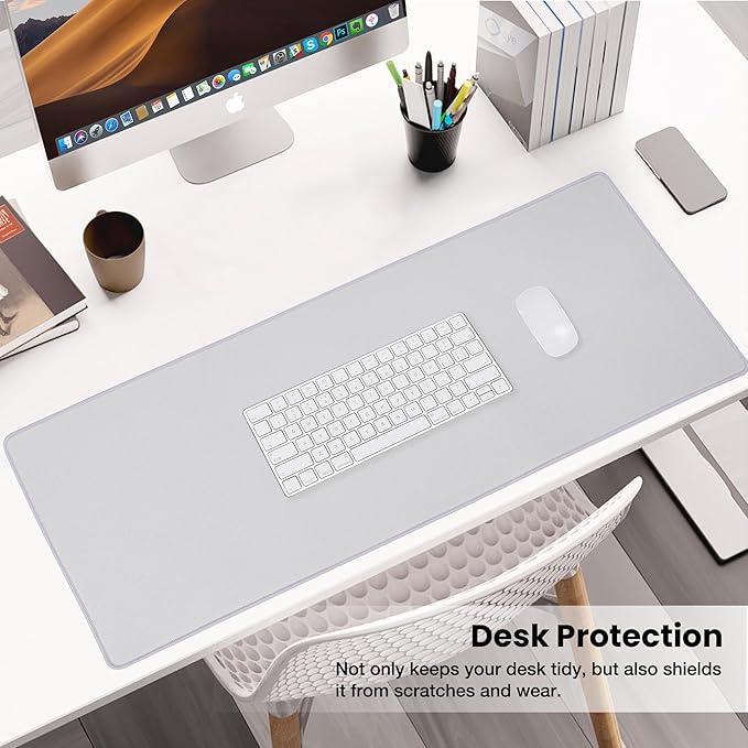 ALOANES Silvery Waterproof Desk Mat, Large Mouse Pad with Extended Mouse Mat, with Anti Slip Base, Stitched Edge, Grain Jacquard Surface, Perfect for Gamer, Office & Home, 11.81''x31.50''x0.12''
