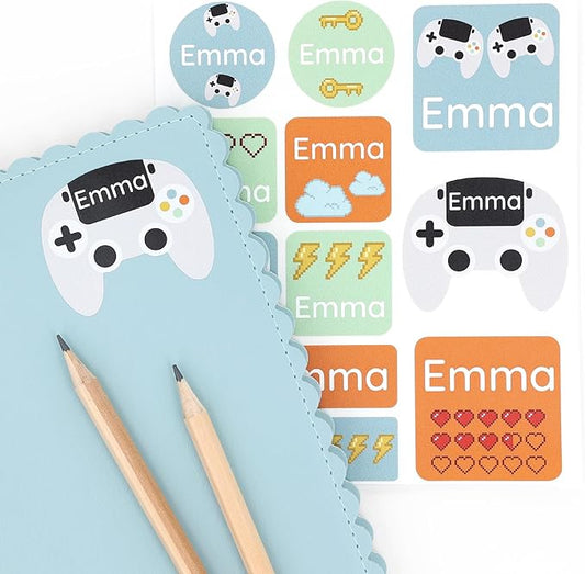 Large Name Labels for Kids (33) - Custom Stickers for Daycare and School Supplies - Durable, Waterproof Stickers for Water Bottles, Lunch Boxes, and More with Unique Designs - Gaming Console