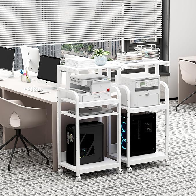 Fannova 4 Tier White Printer Stand Table with Adjustable Shelves, Movable Printer Shredder Stand with Wheels for Home Office Storage and Organization, Rolling Cart for Computer Tower CPU