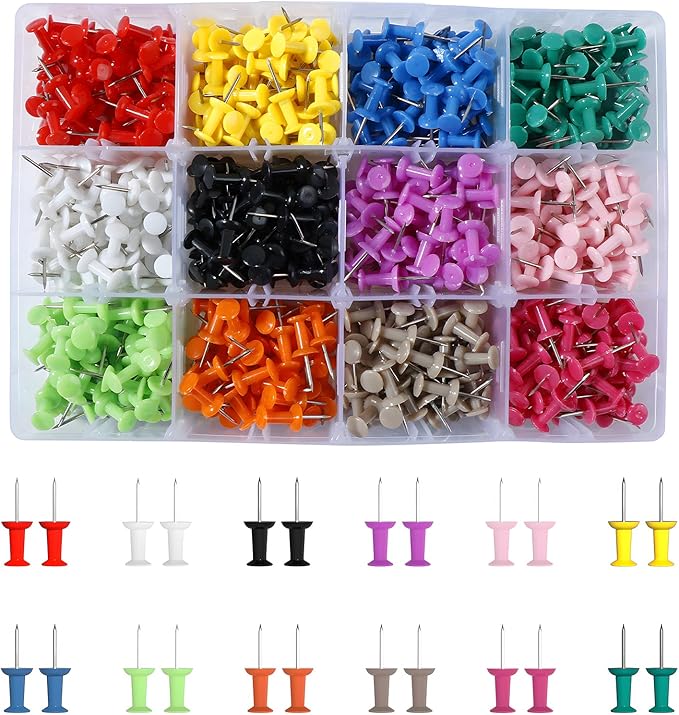 VAPKER Push Pins 720Pcs Solid Color Thumb Tacks Map Pins Tacks Plastic Head with Steel Point for Bulletin Board 12 Assorted Colors Office Supplies