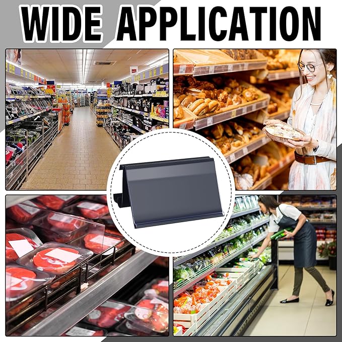 Kathfly 100 Pcs Wire Shelf Label Holders Compatible with Metro 1-1/4in Shelves, Plastic Wire Rack Label Holder 3 l x 1.25 H Price Tag Shelf Clips On, Black