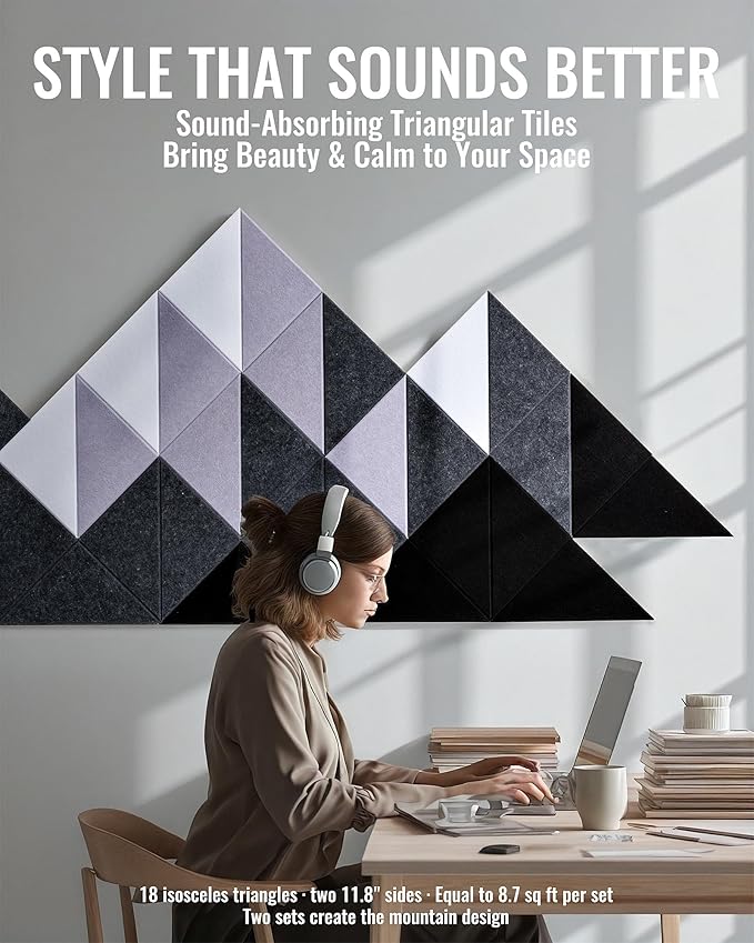 PebblingQ Felt Wall Tiles Bulletin Board, Modular Decorative Panels for Home Office, Kids Room, Classroom, DIY Geometric Design, Creative Photo Display Board, 18 Pack 11.8" Triangle Tiles(Ether)