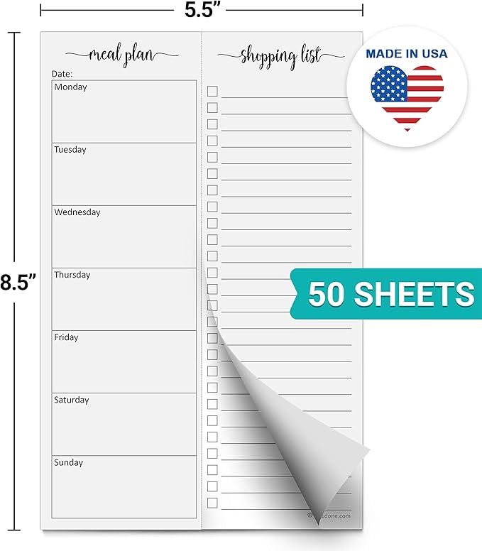 321Done Meal Planning Notepad - 50 Sheets (5.5x8.5) Perforated Weekly Meals Planner Shopping List Menu Groceries Grocery List, Tear Off Memo Pad - Made in USA - Monday Start