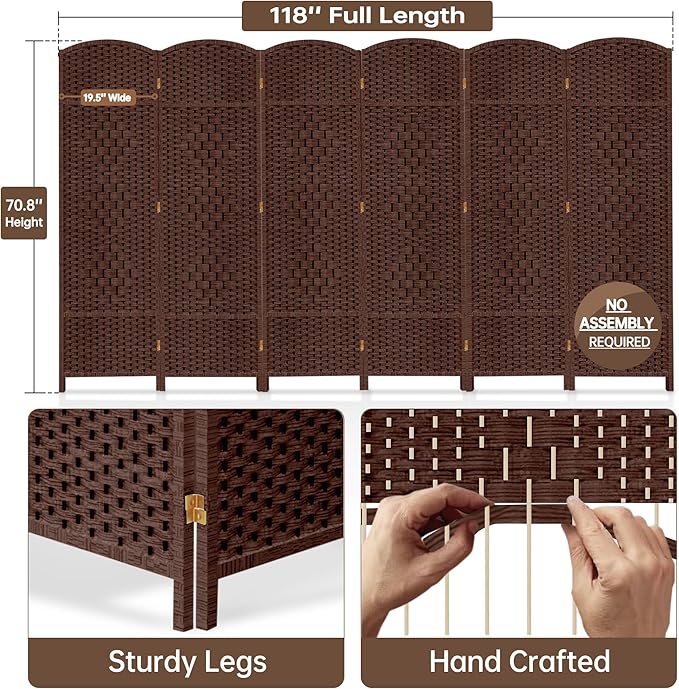 DURASPACE 6 Panel Room Divider, 6ft Tall Folding Privacy Screen, 19.5" Wide Panels, 360°Rotation, Hand-Woven Freestanding Wood Partition for Room Separation