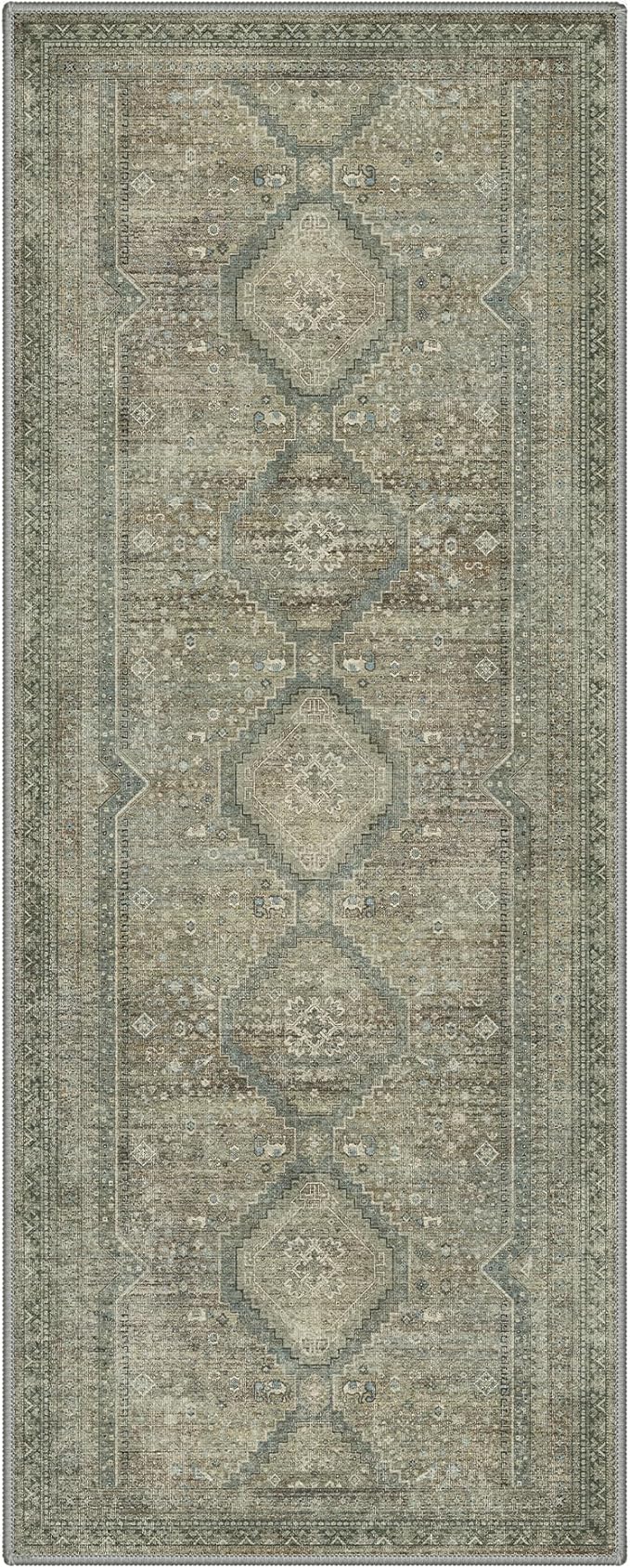 GENIMO Runner Rug 2x6 Non Slip Machine Washable Hallway Runner Rug, Low Pile Lightweight Rugs for Entryway, Hallway, Kitchen and Corridor, Sage/Blue