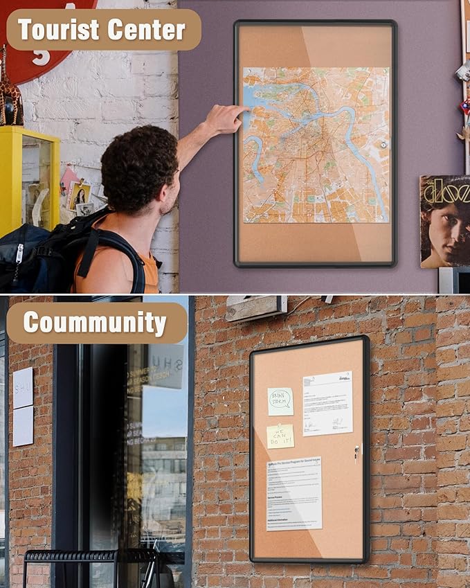 Mifuro 36"x24" Enclosed Bulletin Board, Lockable Weather-Resistant Aluminum Cork Noticeboard for School & Office, Black Frame w/Cork