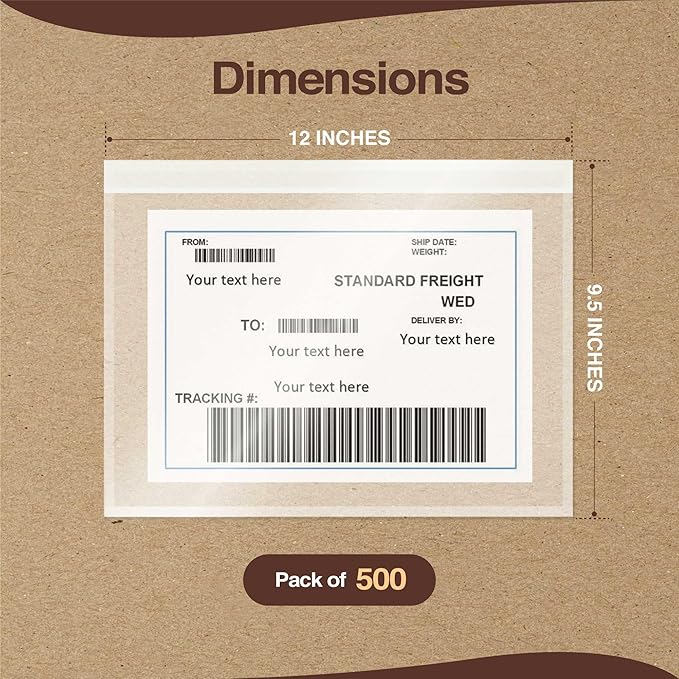 Shipping Label Sleeves - 3.12 Mil Thick 500 Pack 9.5'' x 12'' Strong Adhesive Back for Secure Package Labelling Fit for 8.5'' x 11'' Letter Size Paper, WaterProof and Durable