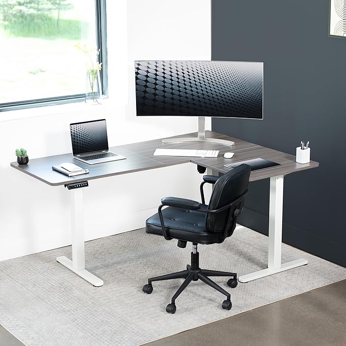 VIVO Electric Corner 63 x 47 inch L-Shaped Standing Desk, Memory Height Adjustment, Dark Gray Top White Frame, DESK-E3CTWG-47