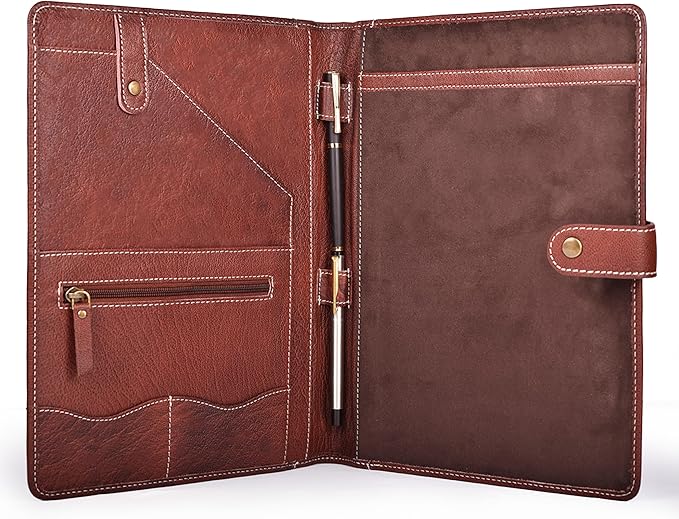Leather Village Leather Portfolio Organizer - Professional Business Padfolio for Men & Women - Stylish Document Card Holder, Resume Folder, Folio for A4/Letter Size Writing Legal Pad, Red