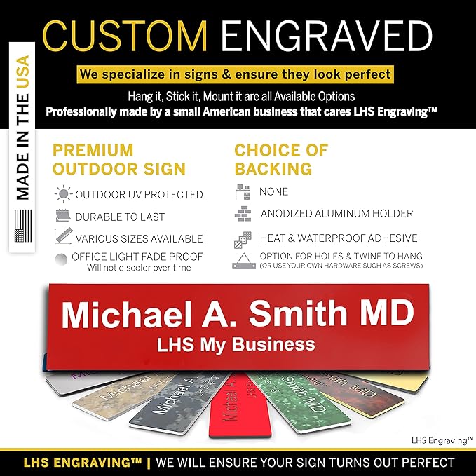 Custom Name Plate with Choice of Mounting for Walls, Doors, Desk Holders, Cubicles, Hanging and More - Personalized Red Plastic White Letters - USA Made 2x8 - B7