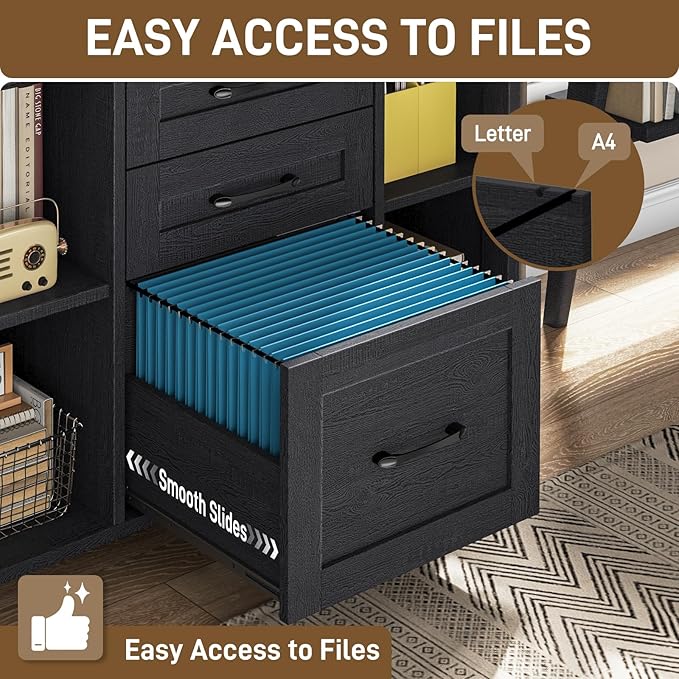 Vabches File Cabinet with 3 Drawers, Farmhouse Lateral File Cabinet Fits Files Letter/A4 Size, Wooden Filing Cabinet with Adjustable Shelves Printer Stand for Home Office, Black