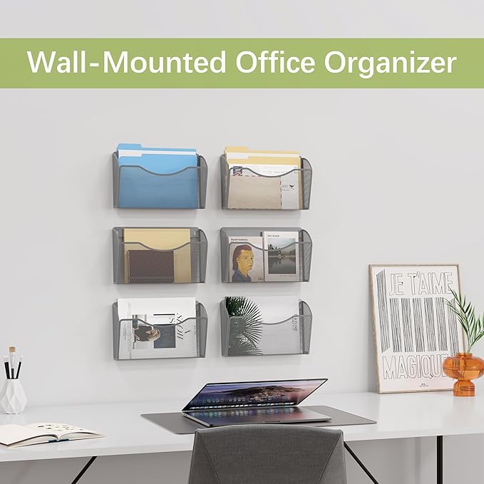 EasyPAG 6 Single Pocket Wall File Organizer, Mesh Hanging File Folder Organizer for Letter/A4 Size Folders, Wall Mounted Vertical Mail Holder for Paperwork, Office, Home, School, Silver
