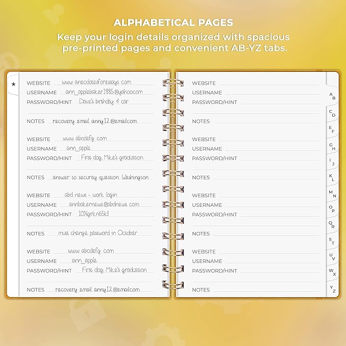 Clever Fox Password Book Spiral – Internet Address & Password Organizer with Laminated Alphabetical Tabs – Password Keeper Journal – Hardcover, Medium Size, 6.1x7.7” (Amber Yellow)