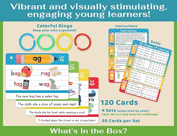 Bright Seed Phonics Flash Cards - Learn to Read in 20 Phonic Stages - Digraphs CVC Blends Long Vowel Sounds – Phonics Games for Kids Age 4-8 Kindergarten First Second Grade Home School Educational