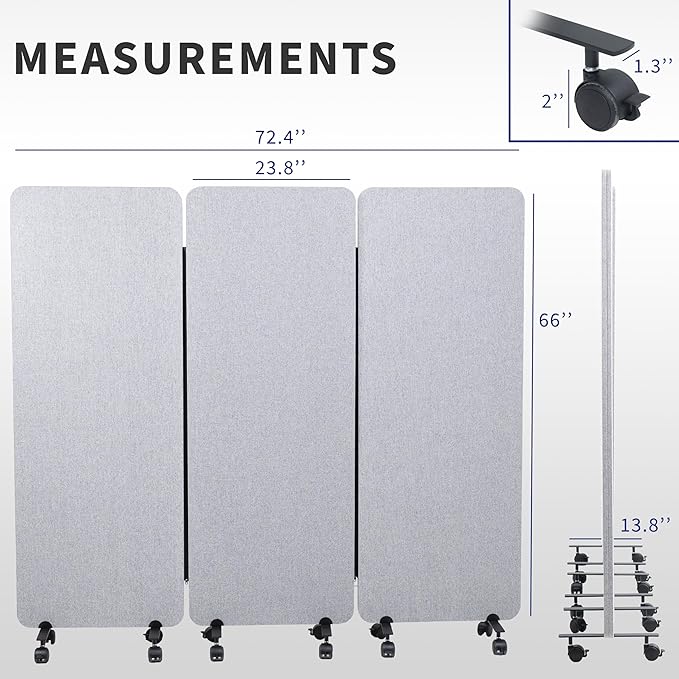 VIVO Freestanding 72 x 66 inch Privacy Panel, Mobile Cubicle Divider, x3 24 inch Wall Partitions, Gray, PP-3-T072G-M