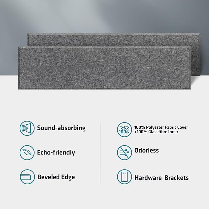 2 Pack 2" Thick Acoustic Panels, 47.24" X 11.81" Fiberglass Wall Panel, Acoustic Panels Sound Absorbing for Office, Studio, Home Theatre - Heather Grey