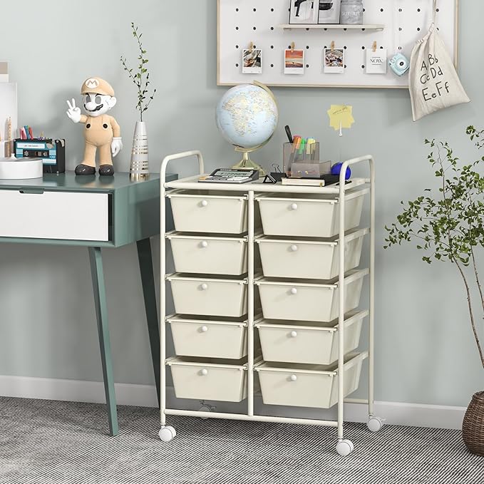 GLACER 10 Drawer Rolling Cart, Storage Cart with Lockable Whieels & Metal Frame, Trolley for Art Craft Oganizer, Mobile Utility Cart for Office, School, Classroom, Kitchen (Ivory Color)