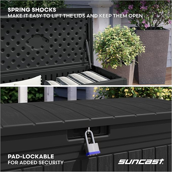 Suncast 80-Gal. Waterproof Resin Large Outdoor Patio Deck Box with Pad-Lockable Lid, Modern Outdoor Patio Bench/Storage Box for Cushions, Garden Tools, and More, Iron Ore