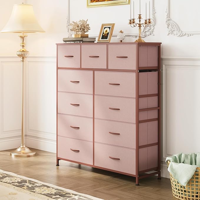 WLIVE Tall Dresser for Bedroom, Fabric Dresser Storage Tower, Chest of Drawers Organizer Unit with 11 Drawers, Storage Cabinet, Hallway, Closets, Steel Frame, Wood Top, Pink