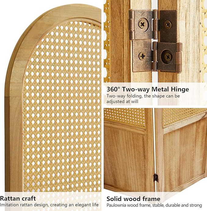 Asnefeli Room Divider 4 Panel, Folding Privacy Screen, Foldable Wood Divider Room Dec, Rattan Room Divider, Portable Partition Screen, Wall Divider for Room Separation Bedroom Home Office (Natural)