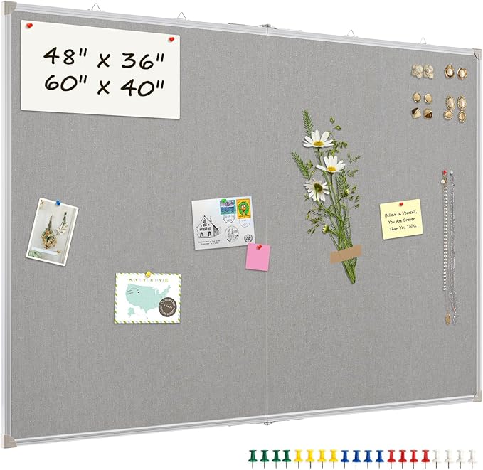 AMUSIGHT Double-Sided Large Cork Board with Linen, 48" x 36" Foldable Hanging Aluminum Framed Bulletin Board, Vision Board Pin Board Corkboards for Walls, Office, School Decor, 20 Pushpins
