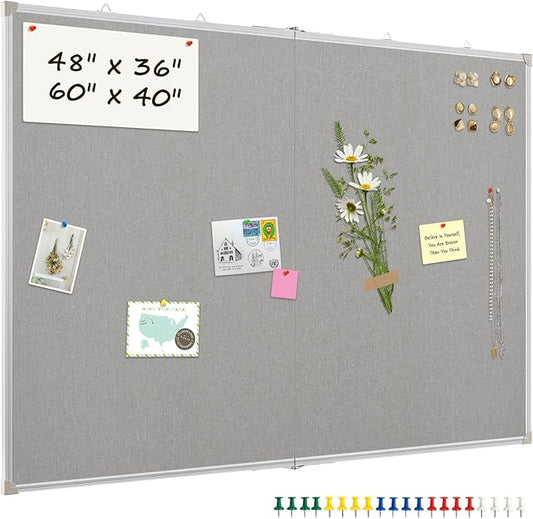 AMUSIGHT Double-Sided Large Cork Board with Linen, 60" x 40" Foldable Hanging Aluminum Framed Bulletin Board, Vision Board Pin Board Corkboards for Walls, Office, School Decor, 20 Pushpins