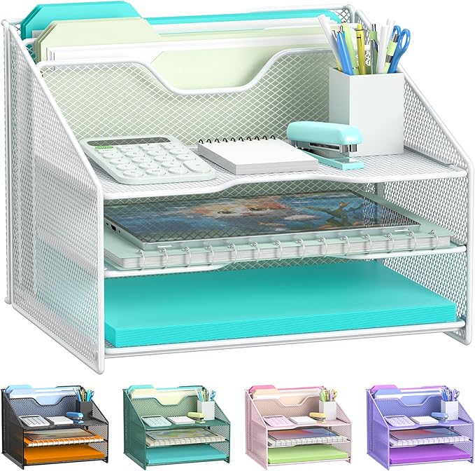 Samstar White Desk File Organizer, Mesh Letter File Folder Holder with 3 Paper Trays and 2 Vertical Upright Section, for Office Supplies, Desk Accessories & Workspace, White