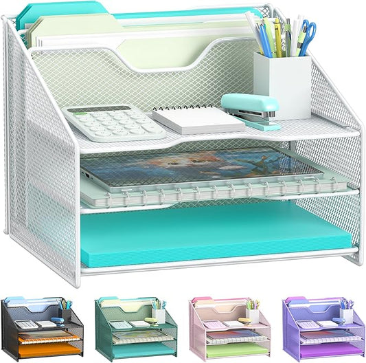 Samstar White Desk File Organizer, Mesh Letter File Folder Holder with 3 Paper Trays and 2 Vertical Upright Section, for Office Supplies, Desk Accessories & Workspace, White