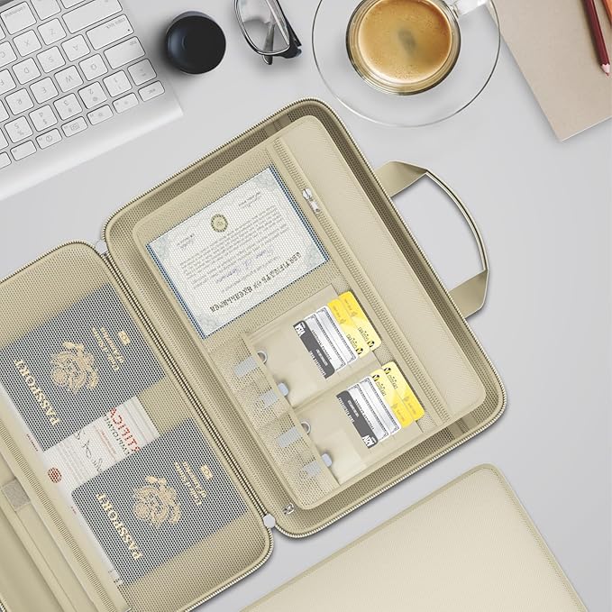 Fireproof File Organizer with Lock, Hard-Shell Case Fireproof Document Box with 13 Colorful Pockets Accordion File Folder, Important Document Organizer for Letter A4 Files Laptop Passports (Beige)