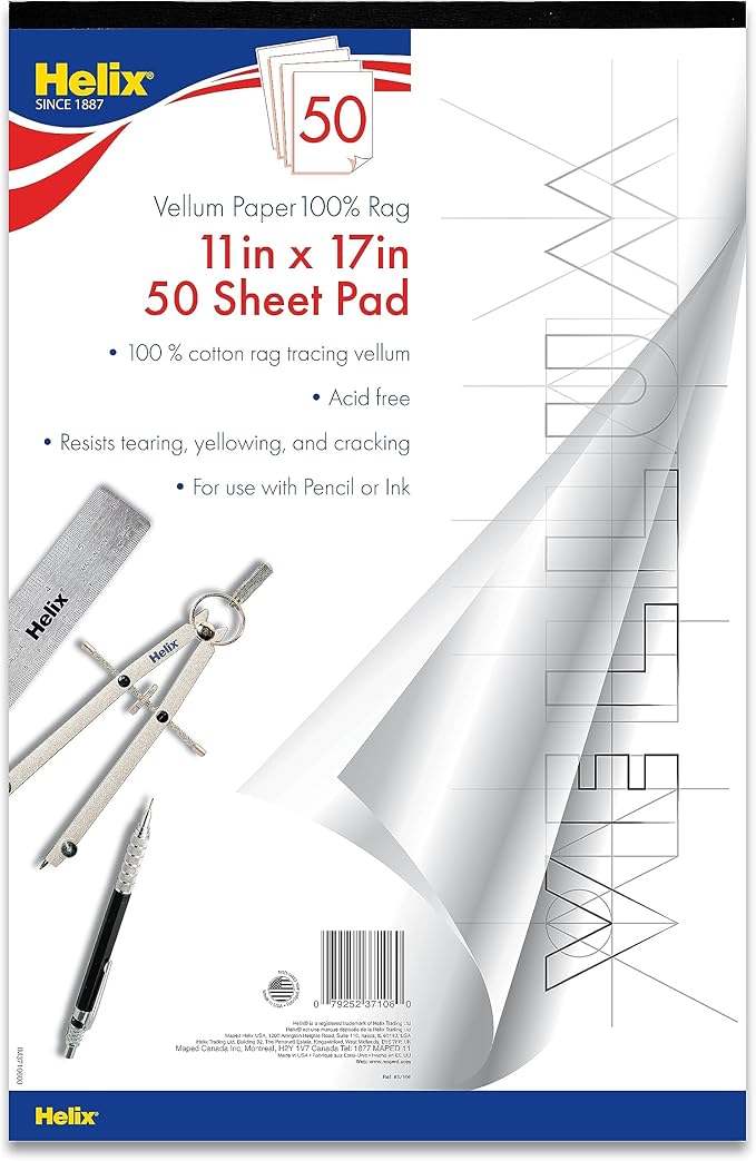 Helix - 100% Rag Vellum Paper Pad - 11 Inch x 17 Inch - 50 Sheet Pad - Acid-Free - Drafting, Art, Sketching and Tracing