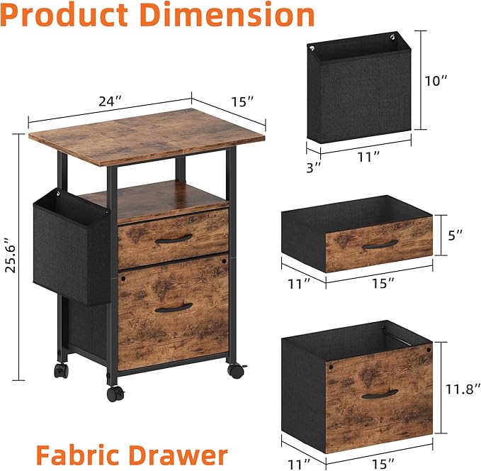 GYIIYUO 2 Drawer File Cabinet with 24'' Extended Desktop, Mobile Filing Cabinet, Rolling File Cabinet with Side Bag, Fabric Drawer, Fits A4/Letter Size, Printer Stand Home Office, Light Brown