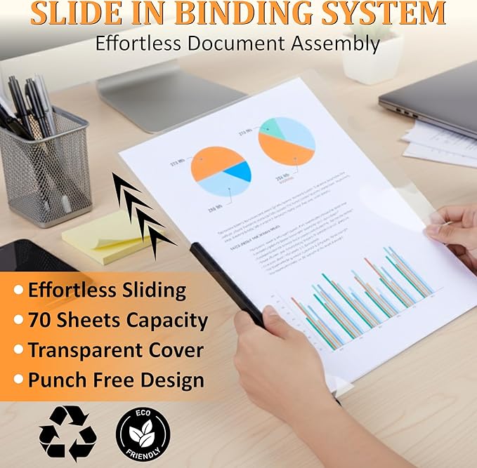 10 Pack Report Covers with Sliding Bar - Clear Plastic Presentation Folders for A4 & Letter Size Paper, 70 Sheet Capacity File Document Binder for School, Office, Resume & Business Use