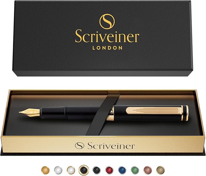 Scriveiner Luxury EDC Fountain Pen (Fine), Stunning Black Pocket Pen with Real Gold Finish, Schmidt Gilded Nib, Ink Converter, Best Writing Gift Set for Men & Women, Nice Fancy Office Designer Gift