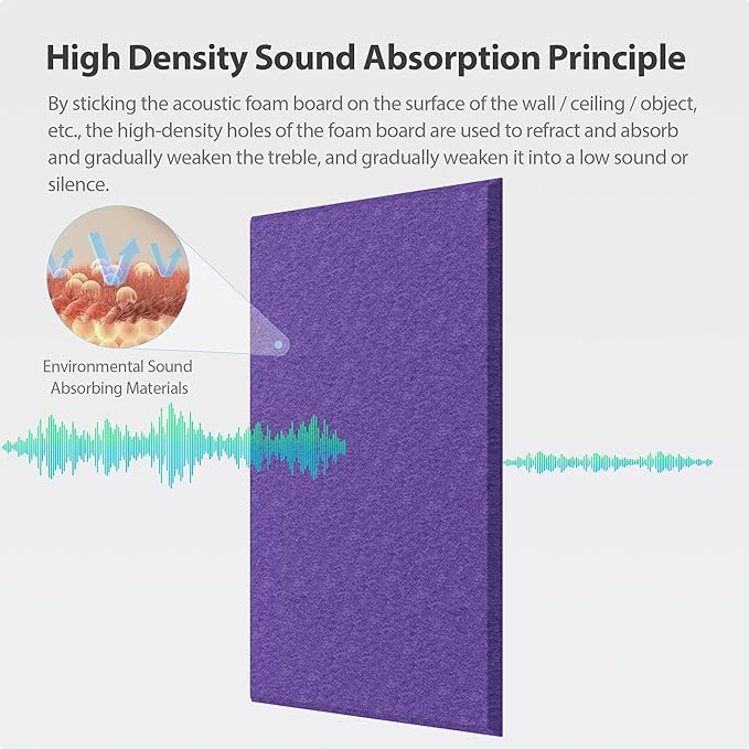 Amantech 12 Pack Acoustic Panels Self Adhesive Sound Proof Foam, High Density Sound Acoustic Panel, 16X12X0.4 Inch 4:3 Rectangle Panels in Home, Office, Reccording Room, Studio,and More(Violet)