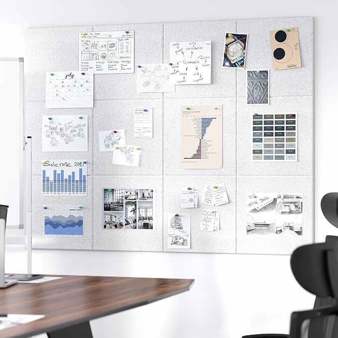 Neatsure Large Cork Board for Wall, 48" x 36" Bulletin Board with Pushpins, 12 Panels Felt Tiles Tack Push Pin Board for Office, Silver Gray