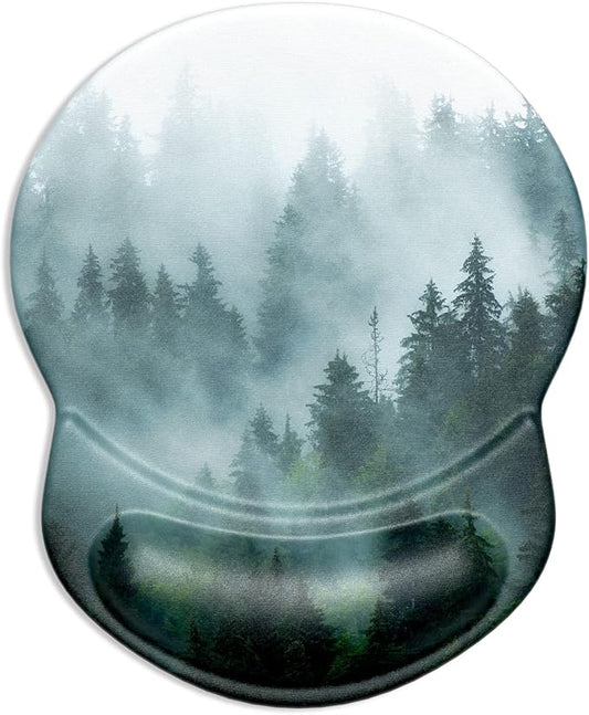ITNRSIIET Ergonomic Mouse Pad with Gel Wrist Support Small Wrist Rest Smooth Surface Non-Slip PU Base Comfortable Office Supplies Pain Relief, 8.7 x 7.2 inches, Fog Forest