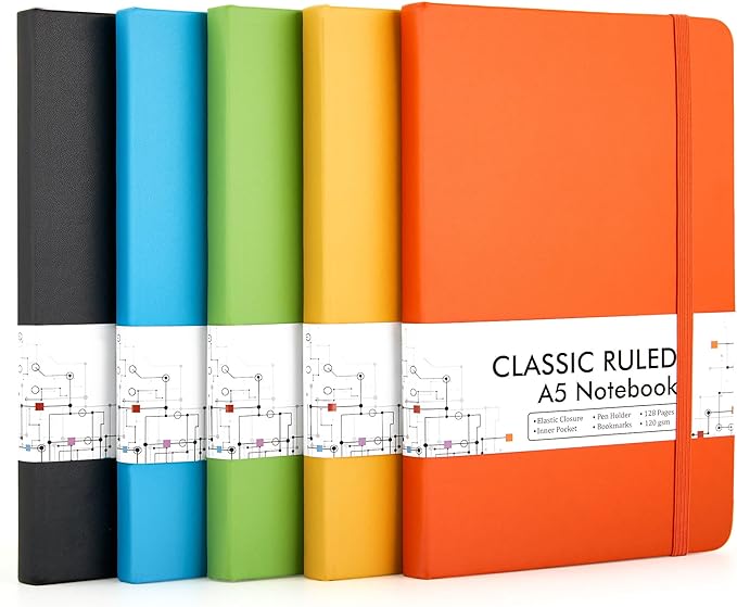 feela Journal Notebook Bulk for School, Hardcover Business Classic Ruled Lined Journals with Pen Holder for Work Office Journaling, with 5 Black Pens, 120 GSM, 5.1”x8.3”, 5 Pack, A5, Solid Colors