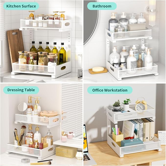 Beleeb Under Sink Organizer, Extra-Wide Upgrade, 2 Pack 2 Tier Metal Slide Out Cabinet Organizer, Height Adjustable Organization and Storage Series, Bathroom/Cabinet/Kitchen organization, White