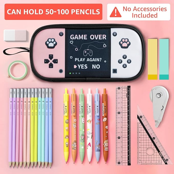Easozoom Large Game Controller Pencil Case for Teen Girl Kid Capacity Pen Box Pouch Organizer Holder Bag with 3 Compartments & Zipper School College Office Supplies (1PCS Pencil Case) (Pink&White)