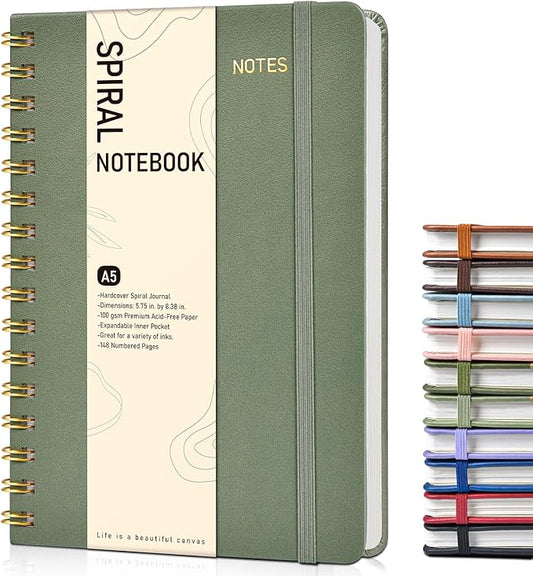 Dotted Spiral Journal Notebook, A5 Hardcover Spiral Journals for Women Men, 100 GSM Dot Grid Paper Notebooks, 150 Pages Spiral Bullet Dotted Notebook for Writing Note Taking 5.75" x 8.38", Sage Green