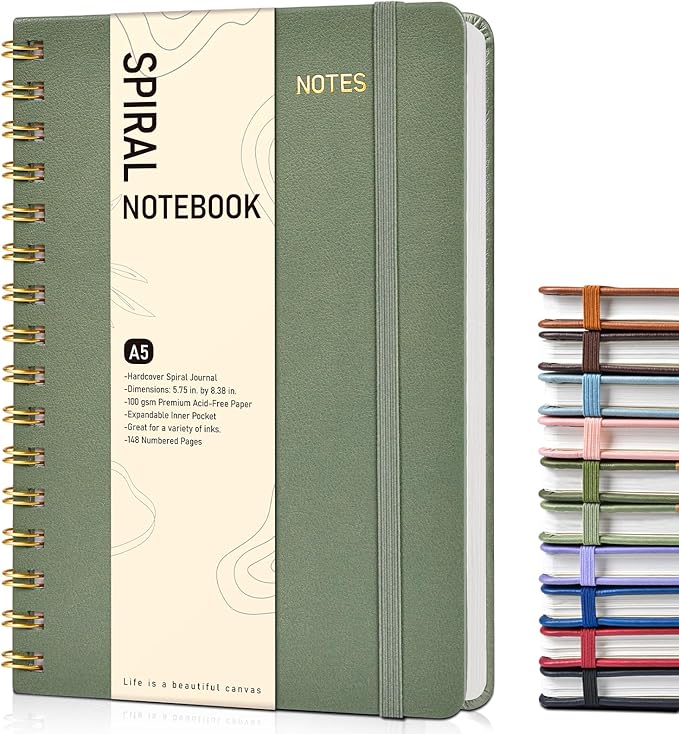 Graph Spiral Journal Notebook, A5 Hardcover Spiral Journals for Women Men, 100 GSM Graph Paper Notebooks, 150 Pages Spiral Bound Grid Notebook for Writing Note Taking Work 5.75" x 8.38", Sage Green