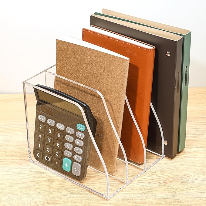 AIDIMOO Acrylic Magazine File Holder, 4 Vertical Compartments Desk Document Sorter Organizer, Clear Folder Rack Binder for Office, Documents, Tablets, Magazines, Books – Home/Classroom Rack