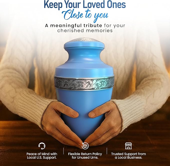 Modern Memorials Cremation Urn for Ashes - Large Urn for Man & Women - 200 Cubic Inches - Includes Velvet Storage Bag - Sky Blue with Silver Band