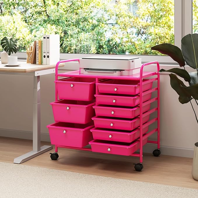 LDAILY 9 Drawer Rolling Storage Cart, Rolling Cart with Drawers for Classroom, Art Supply Craft Organizer on Wheel with Metal Frame & Handles for Home Office School