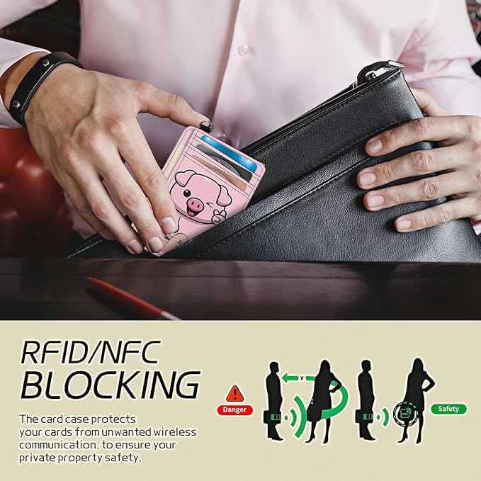 BWEGRHE Small Travel Wallets, Pink Pig Slim Minimalist Front Pocket Wallet with Wristlet, RFID Blocking PU Leather Credit Card Holder with ID Window Change Purse for Men Women