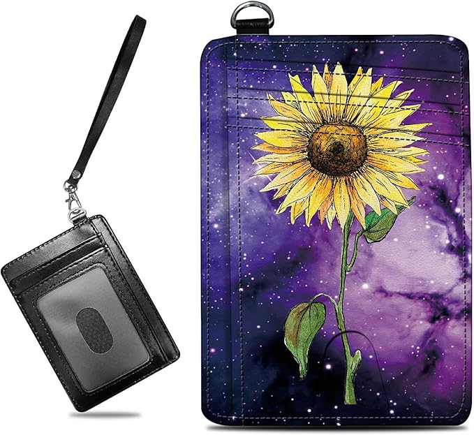 BWEGRHE Small Travel Wallets, Sunflower Yellow Purple Galaxy Slim Minimalist Front Pocket Wallet with Wristlet, RFID Blocking PU Leather Credit Card Holder with ID Window Change Purse for Men Women