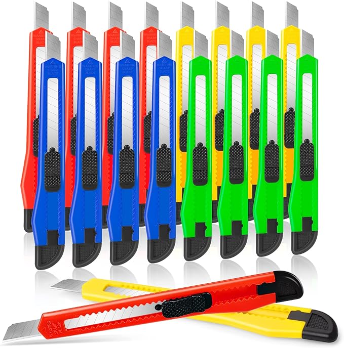 DIYSLEF Knife 16-Pack Box Cutter Retractable, Box Knife Perfect for Home, Office Use, Small 9mm Snap-off Blades Utility Knife for Cardboard, Cartons, Disposable Box Cutters Bulk for Work
